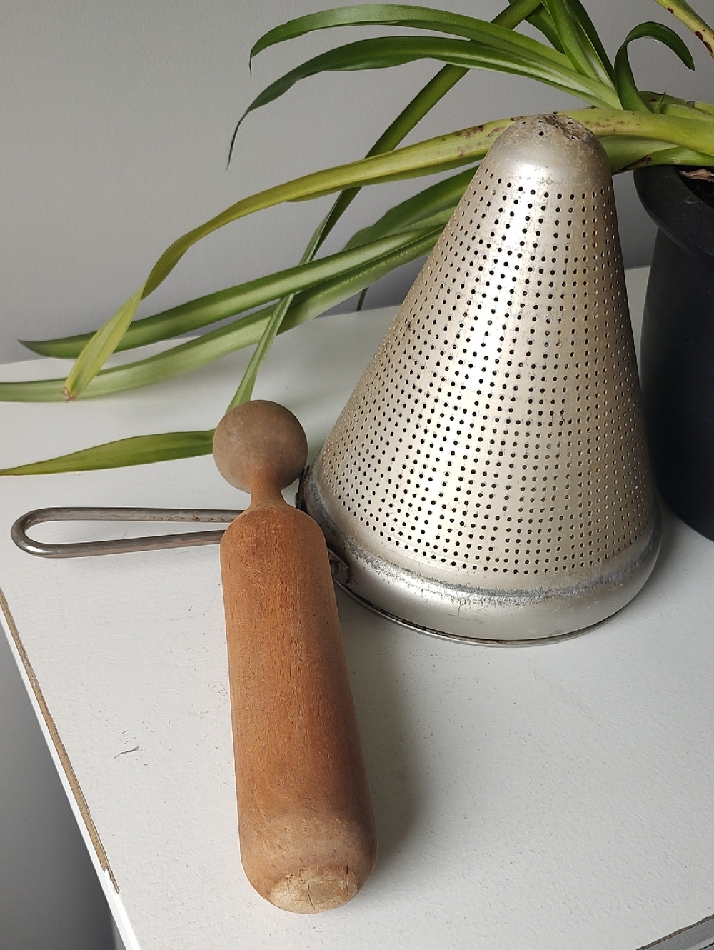 Vintage Cone Sieve/Strainer With Wooden Pestle